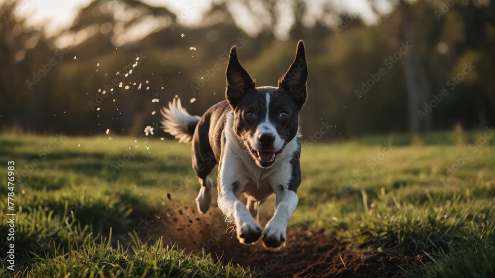 A dog leaping towards the camera A dog leaping towards the camera
