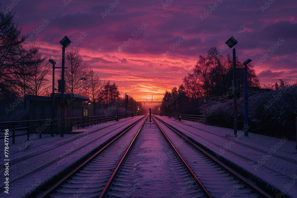 Snowy railway tracks leading to vibrant sunset