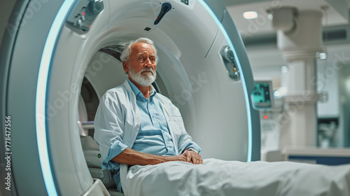Senior elderly patient, man worried about his health is having a MRI or CT scan, healthcare