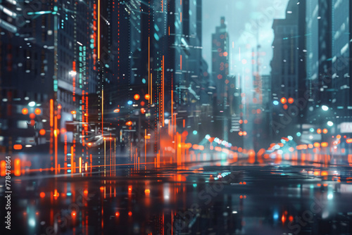 Futuristic cityscape with glowing lights and wet streets reflecting neon glows