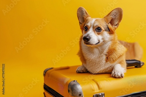 Welsh Corgi Pembroke dog is sitting on a suitcase on a yellow background