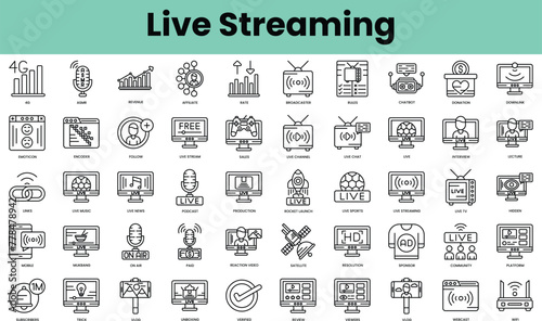 Set of live streaming icons. Linear style icon bundle. Vector Illustration