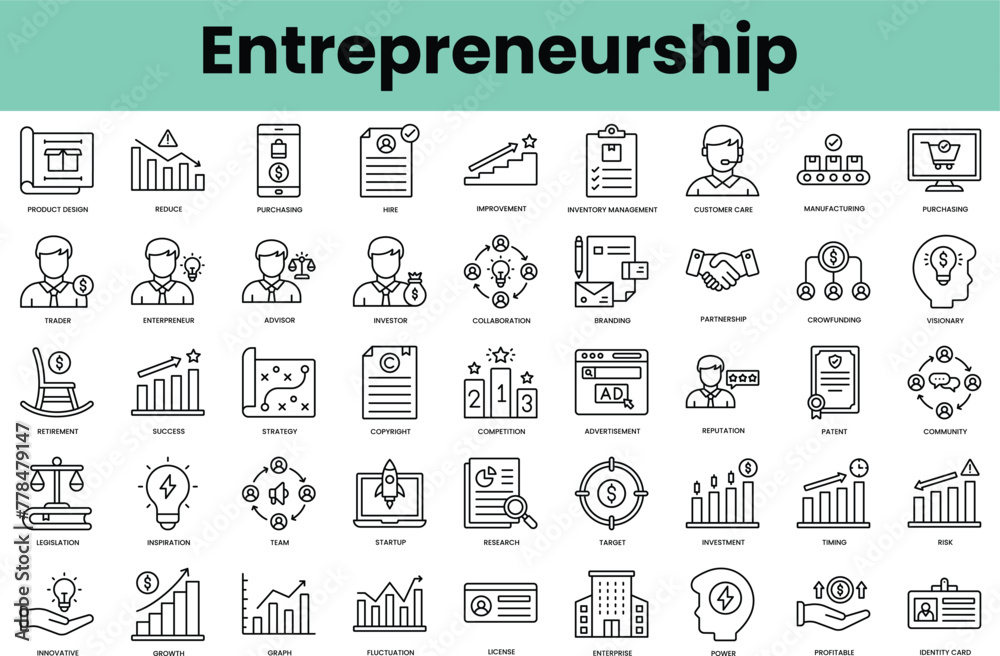 Set of entrepreneurship icons. Linear style icon bundle. Vector Illustration