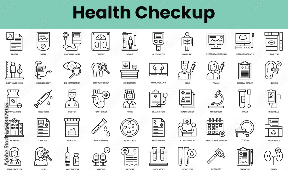 Set of health checkup icons. Linear style icon bundle. Vector Illustration