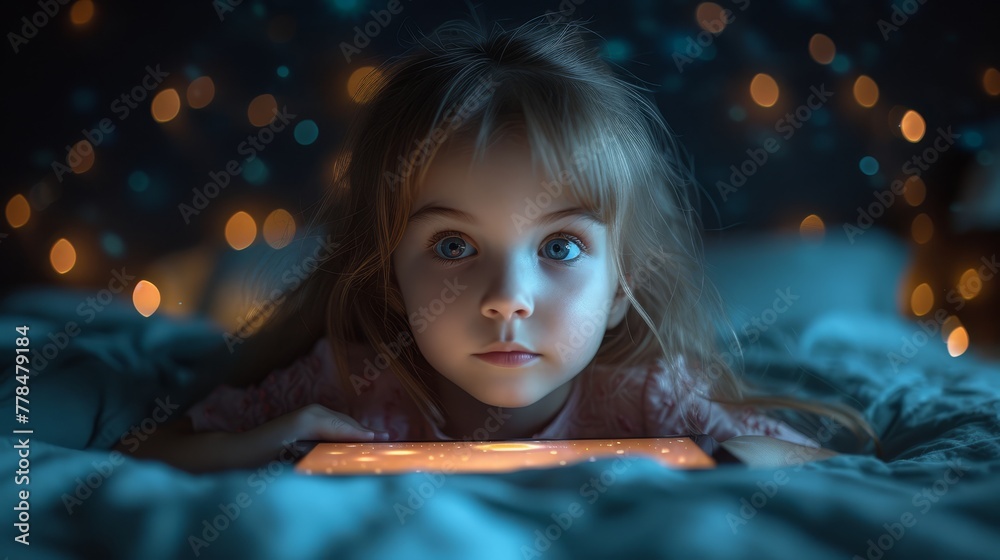 a little girl laying on top of a bed looking at a lit up tablet computer in front of her face.