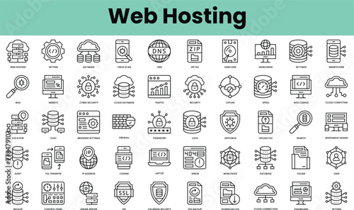 Set of web hosting icons. Linear style icon bundle. Vector Illustration