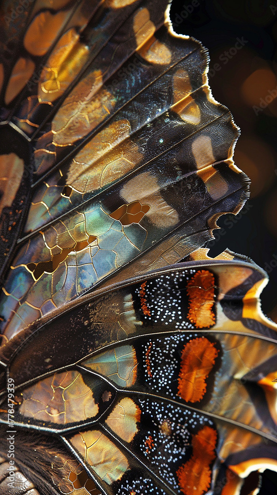 A detailed shot of a butterfly's wing, where the microscopic scales form a stunning texture of shapes and colors. 32k, full ultra HD, high resolution