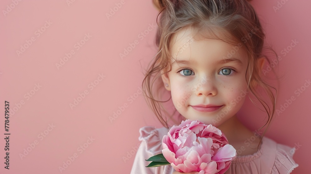 Little girl with a pink peony flower on pastel pink background Little girl with a pink peony flower on pastel pink background