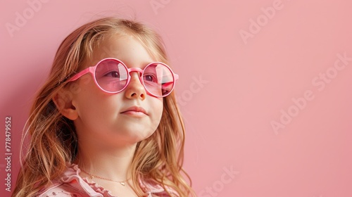 Little girl with sunglasses on pastel pink background © PD