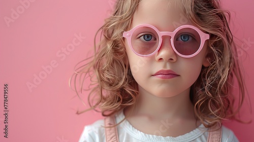 Little girl with sunglasses on pastel pink background