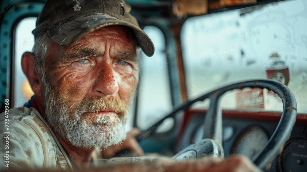An elderly bearded man driving a truck.