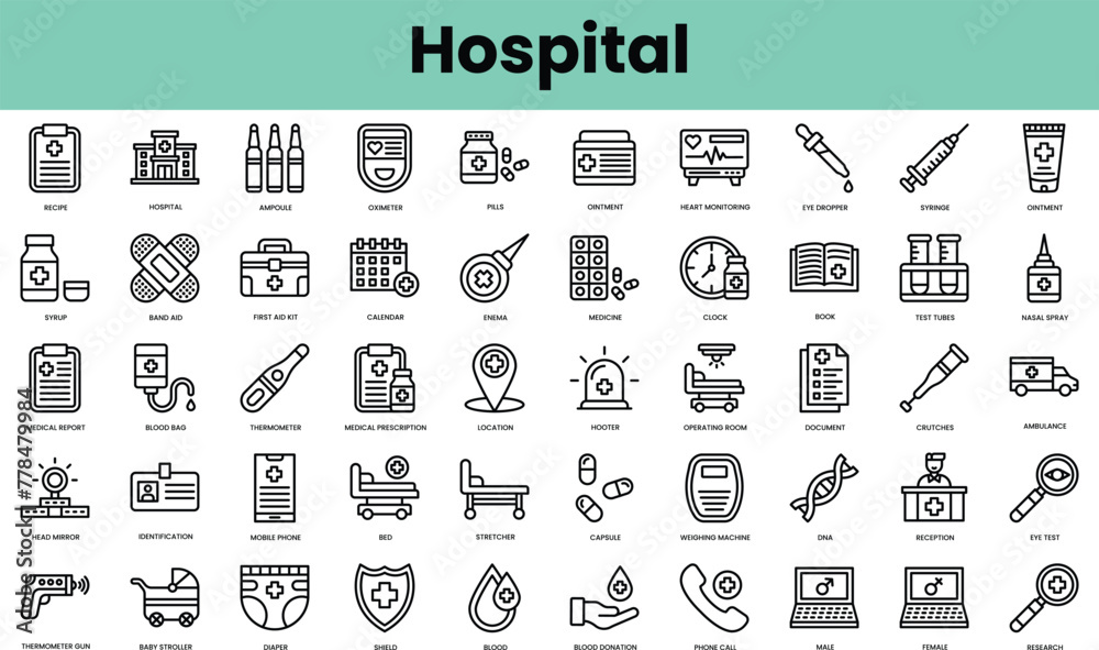 Set of hospital icons. Linear style icon bundle. Vector Illustration