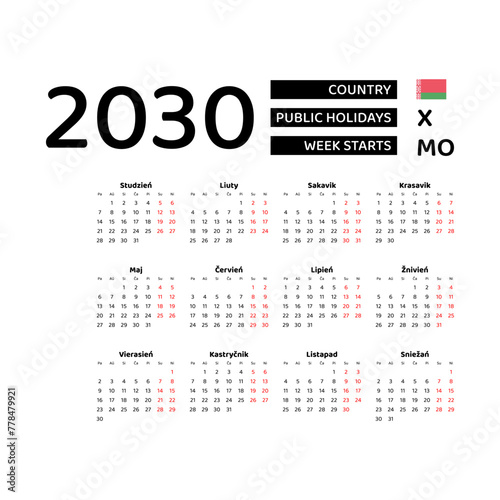 Calendar 2030 Belarusian language with Belarus public holidays. Week starts from Monday. Graphic design vector illustration.