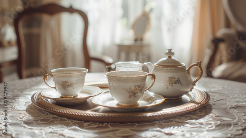 Vintage porcelain tea set on a tray