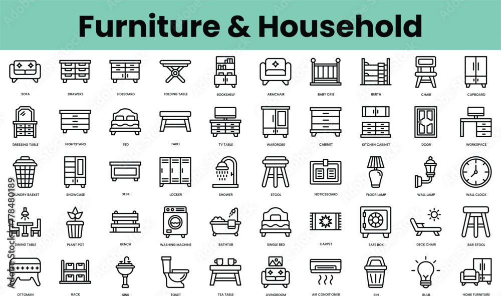 Set of furniture and household icons. Linear style icon bundle. Vector Illustration
