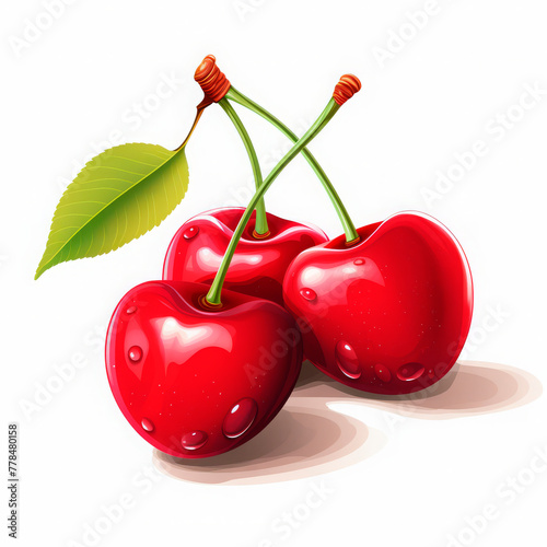 A vibrant illustration of glossy red cherries with a fresh green leaf  suggesting ripe and juicy flavors.