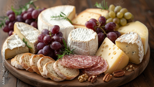 A selection of various cheeses, meats, and fruits on a board