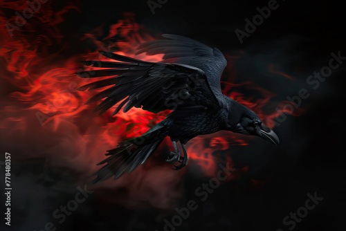 A raven flying in the dark, smoke and red light coming out of its wings. AI generated illustration