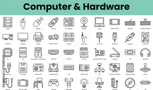 Set of computer and hardware icons. Linear style icon bundle. Vector Illustration