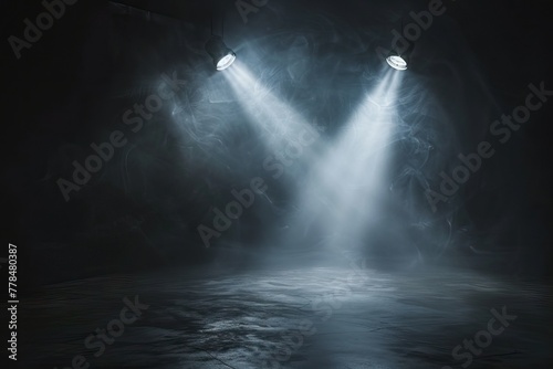Spot light interior. Realistic directed light streams  illuminated fog  theatre scene or concert club searchlights beams  cold temperature rays. AI generated illustration