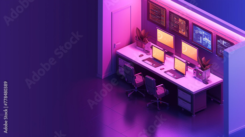 An isometric view of a workspace featuring interactive floor panels. The wall is a deep plum color.