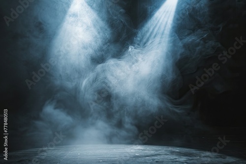 Spot light interior. Realistic directed light streams, illuminated fog, theatre scene or concert club searchlights beams, cold temperature rays. AI generated illustration photo