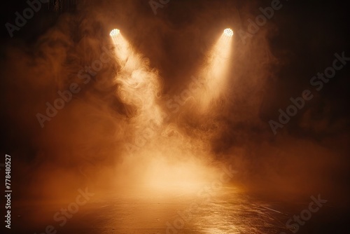 Spot light interior. Realistic directed light streams, illuminated fog, theatre scene or concert club searchlights beams, cold temperature rays. AI generated illustration