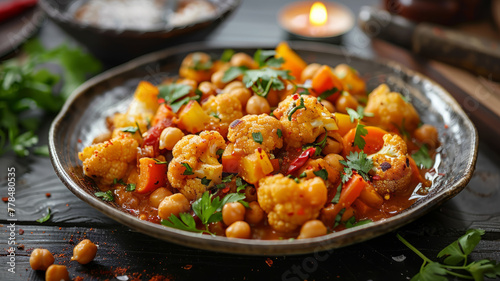 Cauliflower and chickpea curry on a plate