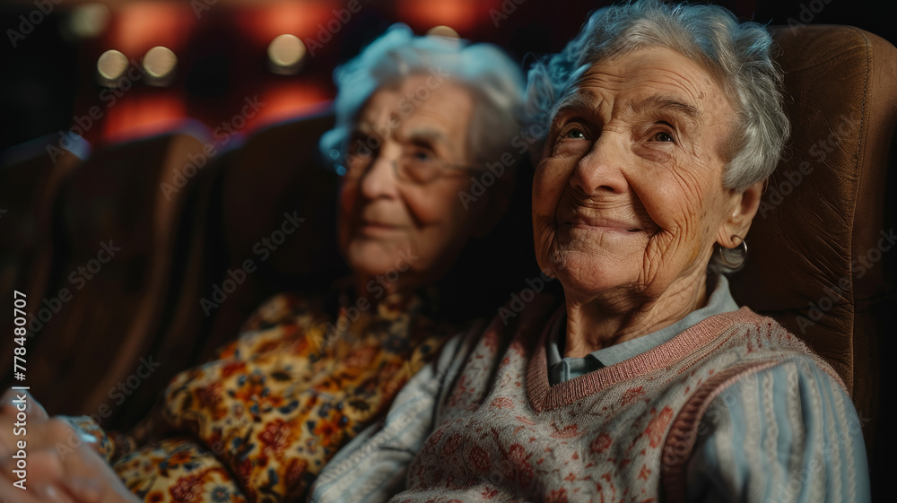 Two elderly women smiling indoors. Two elderly women smiling indoors.