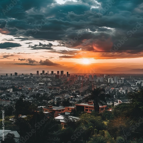 City Sunset: A Golden Glow over Urban Skyscrapers