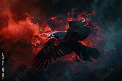 A raven flying in the dark, smoke and red light coming out of its wings. AI generated illustration