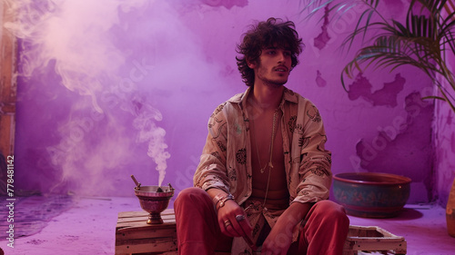 A young man exuding confidence, sitting on a wooden crate with a shesha in hand. The soft lavender wall behind him gives the scene a chic and laid-back vibe. photo