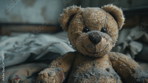 Old worn teddy bear on bed