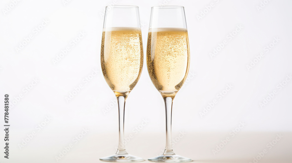 Two flutes of sparkling champagne against a white background, ideal for capturing the essence of celebration and elegance. glasses of champagne