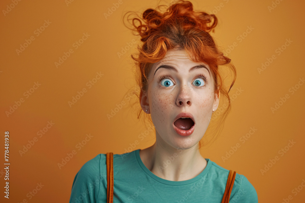 Surprised redhead woman in green shirt with wide eyes Surprised redhead woman in green shirt with wide eyes