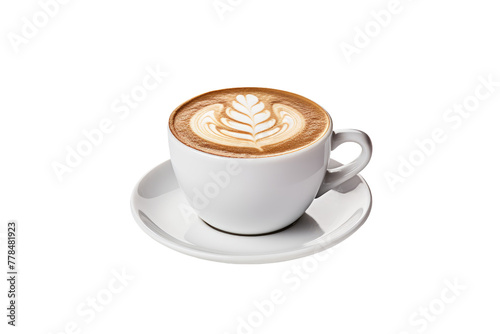 Serene Morning Elixir: A Leaf-Adorned Coffee Cup. White or PNG Transparent Background.