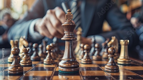 A man is playing chess on a wooden chessboard. Concept of strategy, leadership and success business .