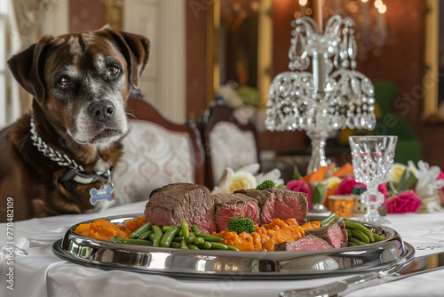 An elegant, formal dining scene for a dog, with a silver platter serving a gourmet meal of filet mignon cuts, sweet potato mash, and green beans, 