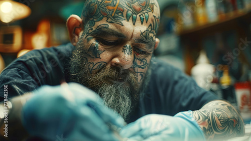Tattoo artist working in a studio.
