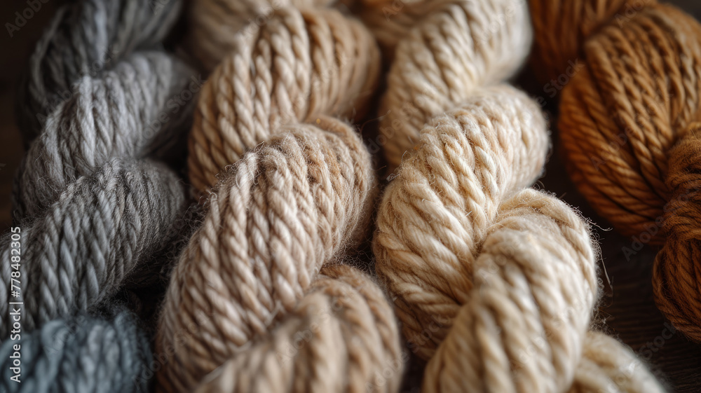Bundles of yarn in natural tones.