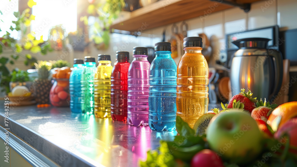 Variety of colorful water bottles on kitchen counter