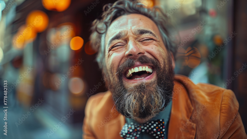 Laughing man in a bowtie outdoors