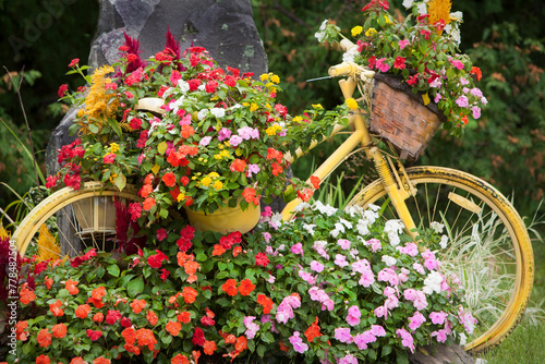 Yellow bike surrounded with flowers in Vermont,