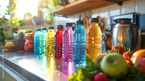 Variety of colorful water bottles on kitchen counter