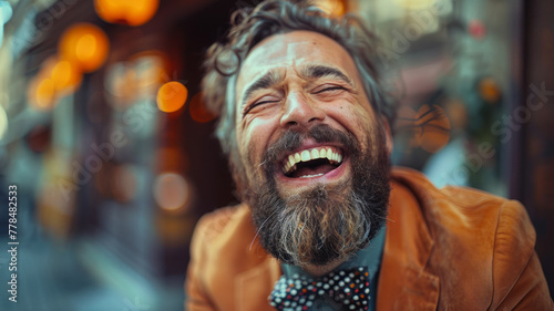 Laughing man in a bowtie outdoors © SashaMagic