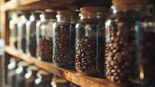 Glass jars with coffee beans on shelves.