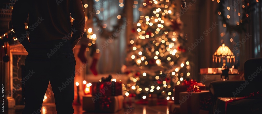 Giraffe standing in front of a Christmas tree adorned with lit candles, creating a festive and warm atmosphere Giraffe standing in front of a Christmas tree adorned with lit candles, creating a festive and warm atmosphere