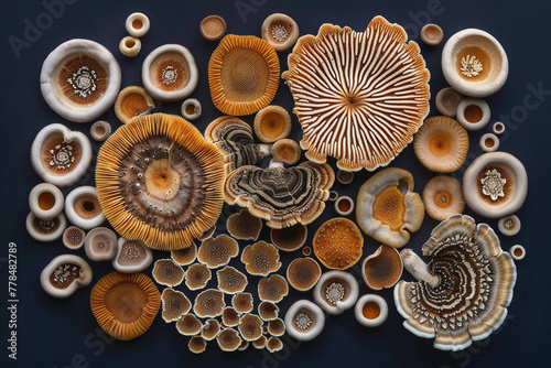 An image of a meticulously arranged set of fungal spore prints on a dark background, showcasing the diversity and beauty of fungal reproduction structures.