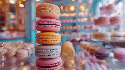 Macarons stacked in a bakery