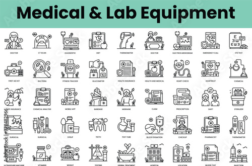 Set of medical and lab equipment icons. Linear style icon bundle. Vector Illustration
